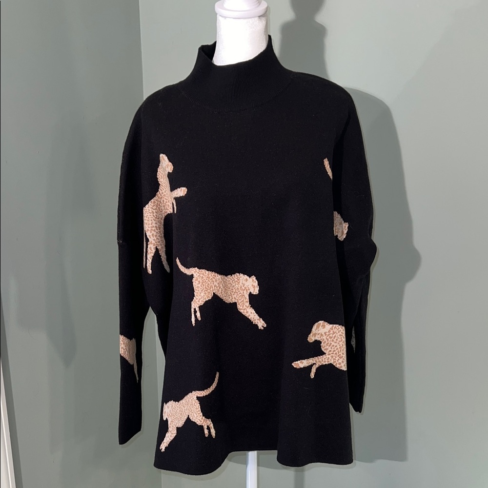 Black Mock Turtleneck Tunic Sweater with Cheetah Pattern Sz S